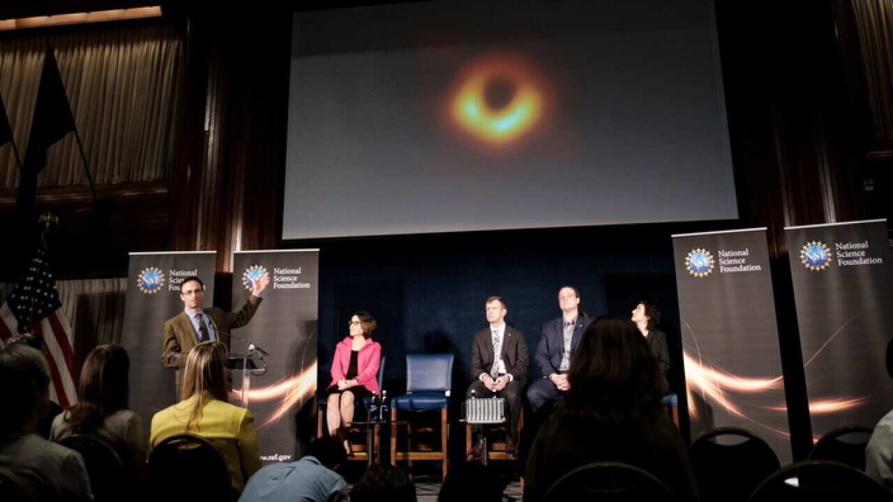 The National Science Foundation announces the first-ever picture of a black hole, at a press conference in Washington, DC