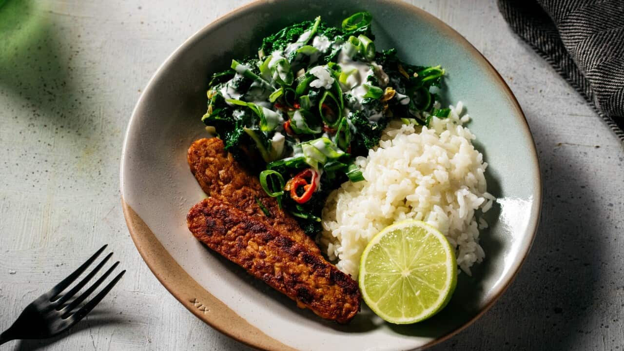 Tempeh with chilli, garlic wilted greens and coconut milk