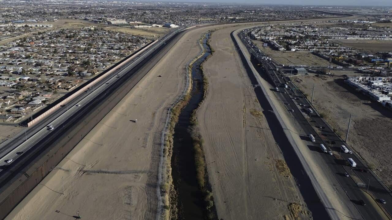 Vehicles traverse highways in El Paso, Texas and Ciudad Juarez, Mexico, on the day of President Donald Trump's inauguration.