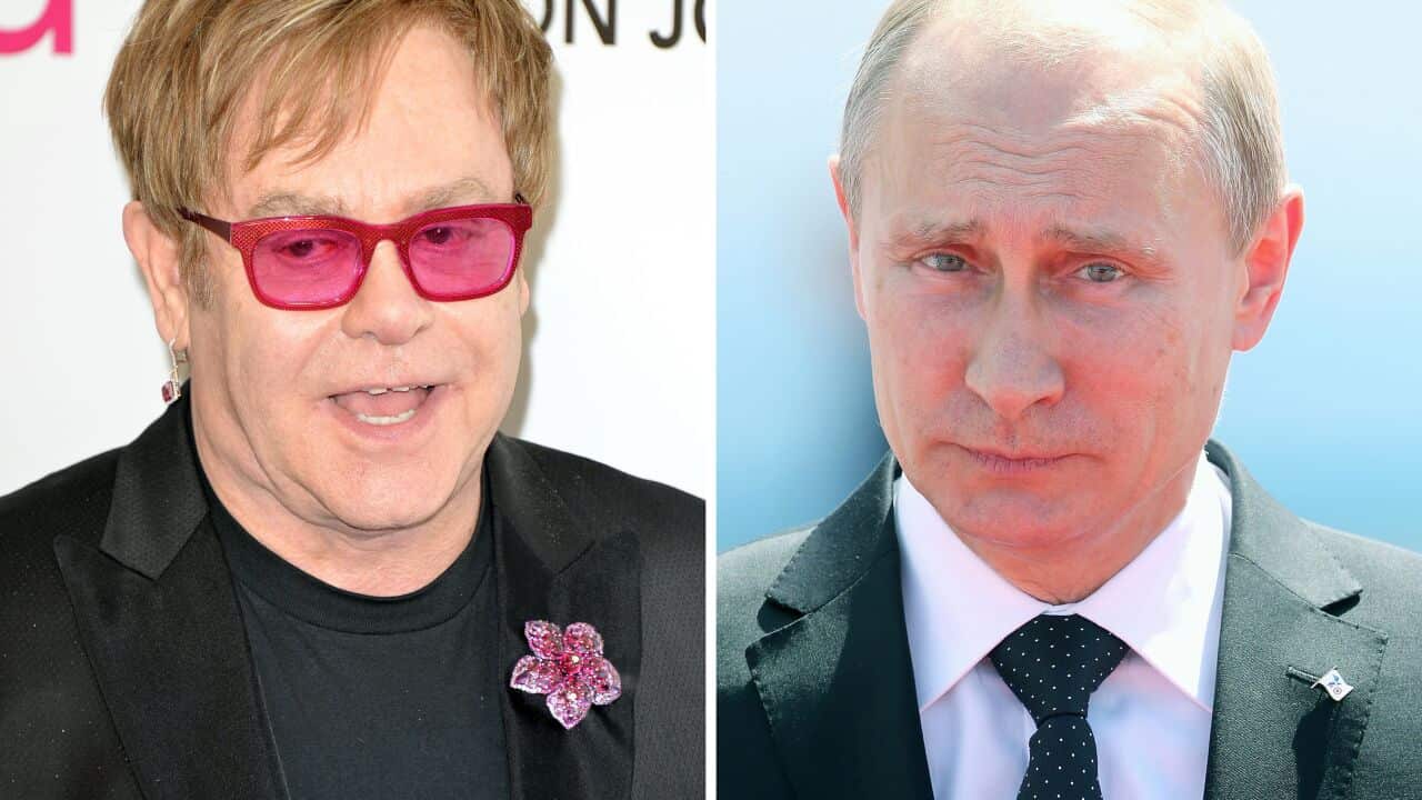 File photos of Sir Elton John (left) and Russian President Vladimir Putin