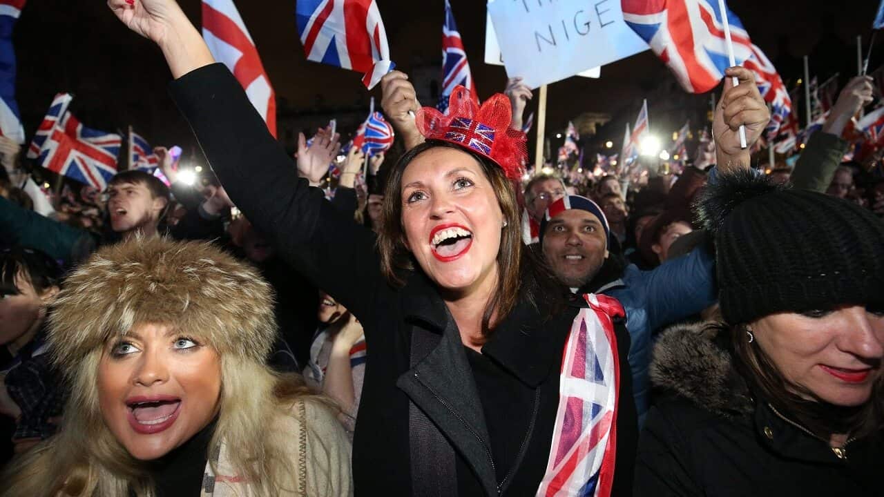 Pro-Brexit supporters in Parliament Square, London.