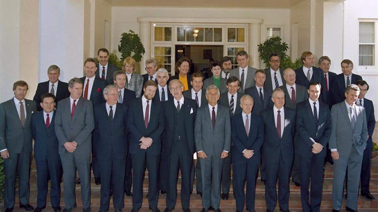 Bob Hawke's third ministry on the steps of Government House