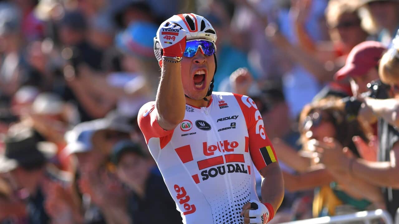 Picture of Australian Caleb Ewan (Lotto Soudal ) celebrating his win at the 2019 Down Under Classic, his first victory for new team Lotto Soudal (Getty)