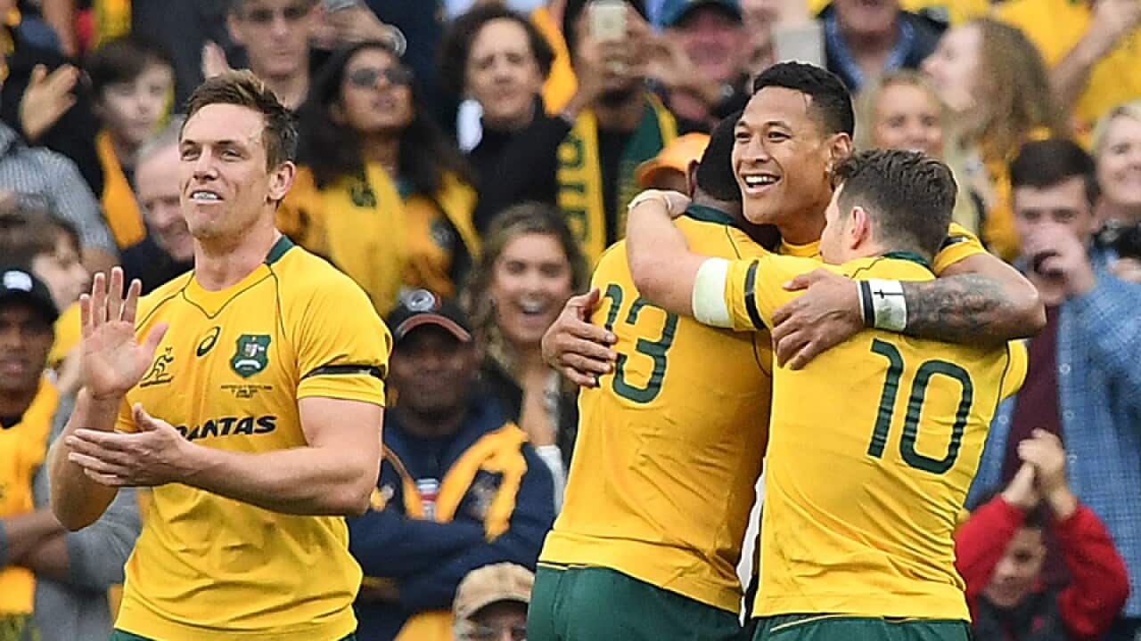 Israel Folau of Australia celebrates his 2nd try
