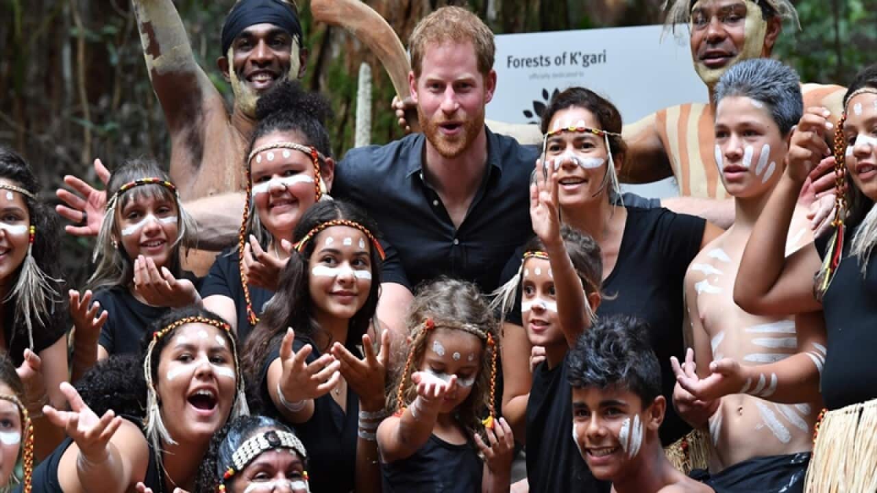 Prince Harry with members of the Butchulla peopleon Fraser Island.