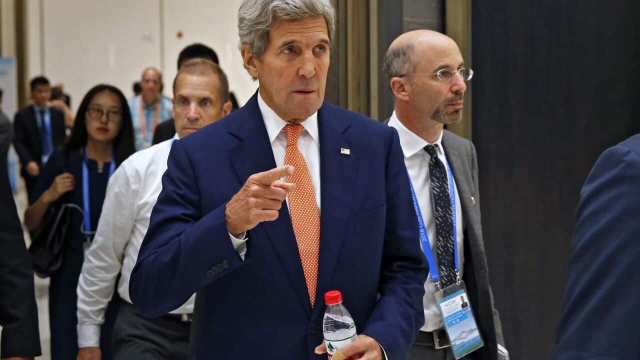 US Secretary of State John Kerry (C)leaves after his meeting with Russian Foreign Minister Sergei Lavrov (not pictured) at the G20 Summit in Hangzhou, China