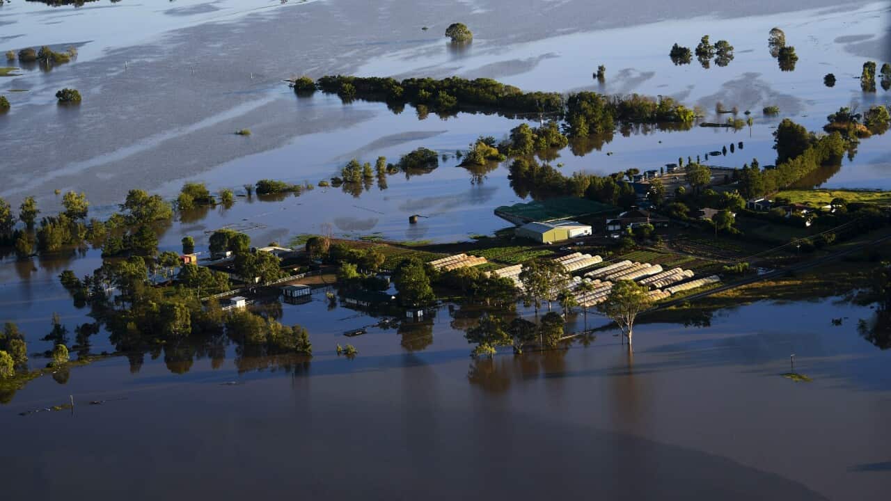 Flood affected areas are seen from a helicopter in the Windsor and Pitt Town areas along the Hawkesbury River near Sydney on 24 March, 2021.