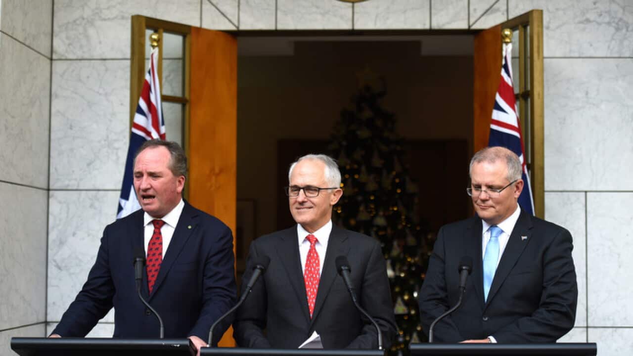 Deputy Prime Minister Barnaby Joyce, Prime Minister Malcolm Turnbull and Treasurer Scott Morrison at a press conference at Parliament House in Canberra