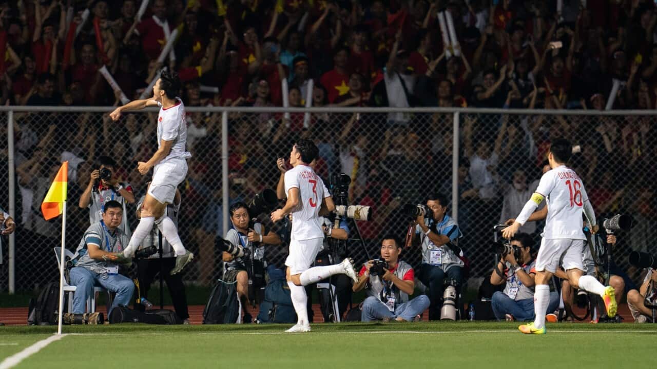 Vietnam celebrates a goal in the men's football final from the 2019 Asian Games