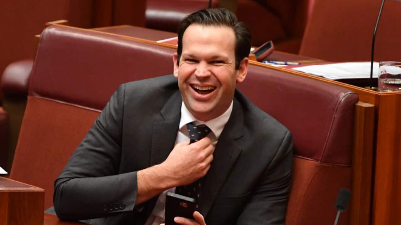 Minister for Resources and Northern Australia Matt Canavan during Question Time in the Senate chamber at Parliament House in Canberra, Wednesday, June 21, 2017. (AAP Image/Mick Tsikas) NO ARCHIVING