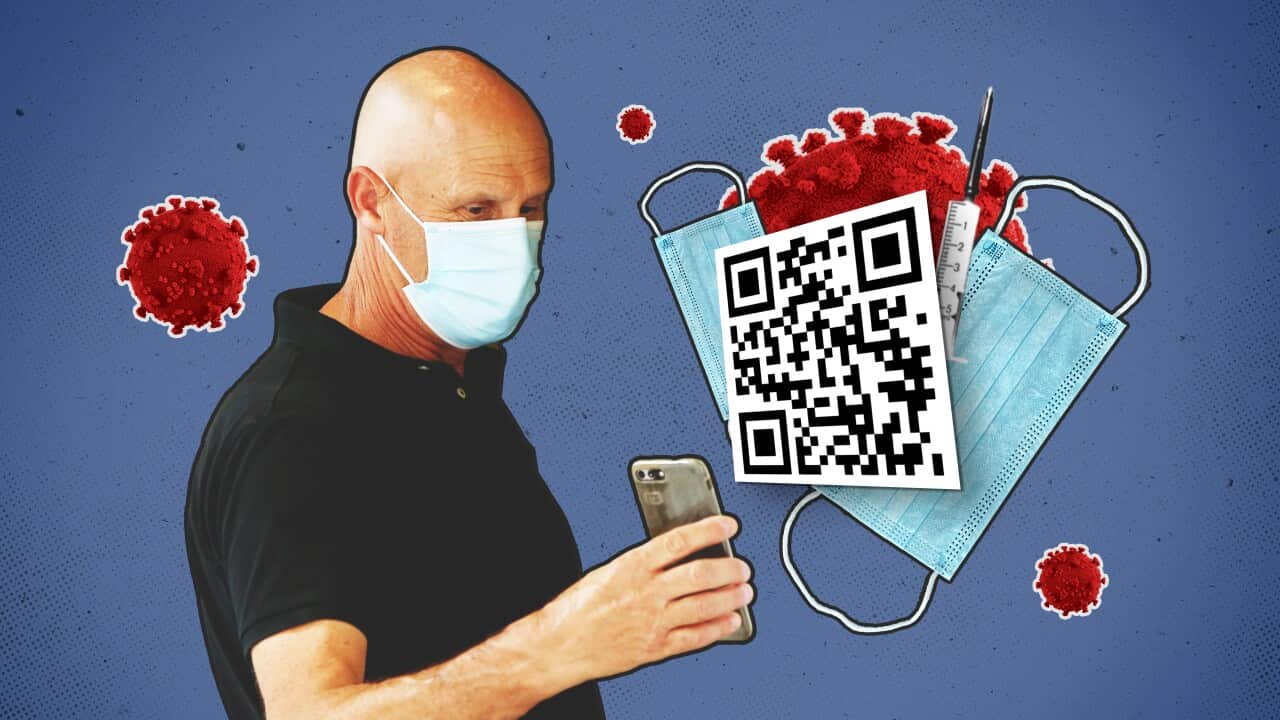An artwork depicting a man wearing a mask as he checks in using a QR code.