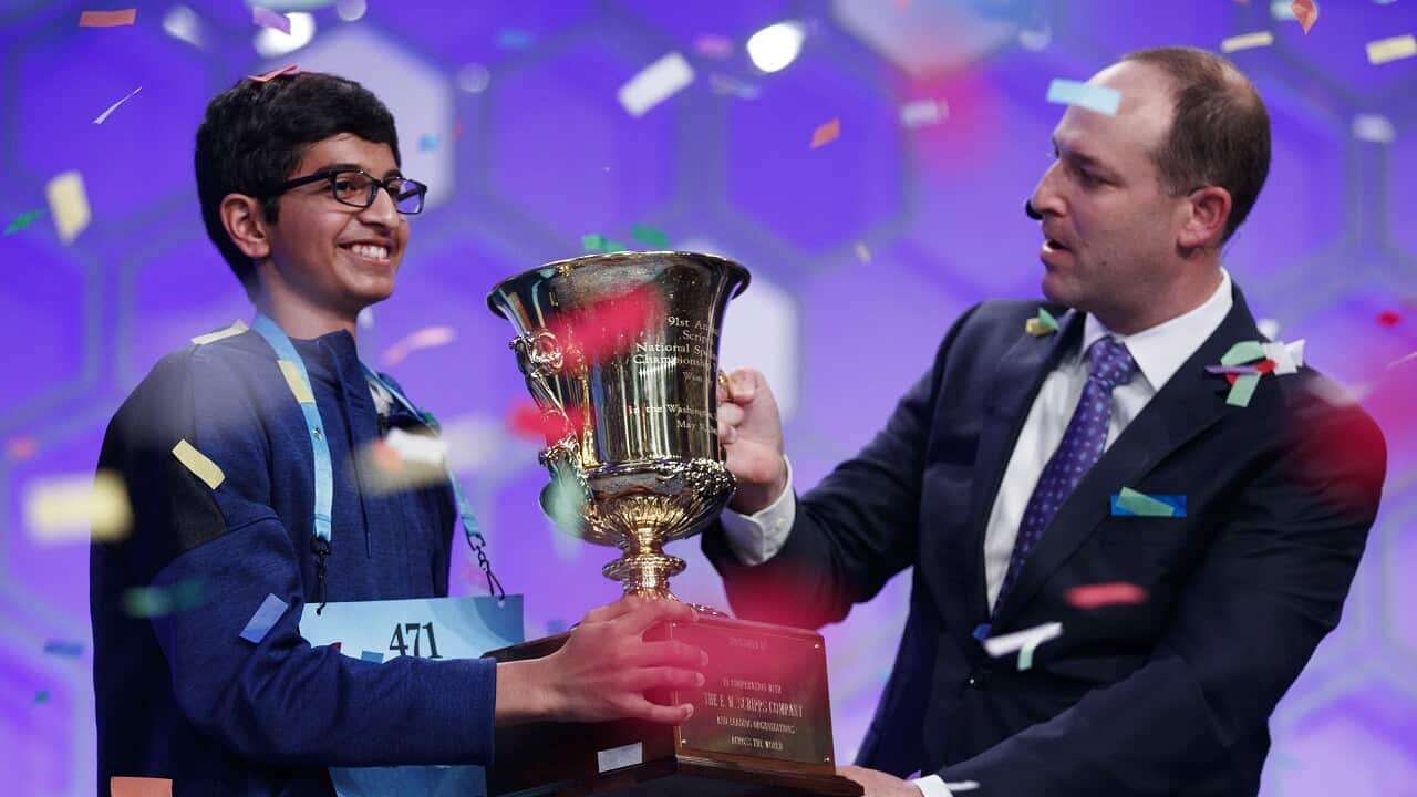 Karthik Nemmani from Texas receives the championship trophy after winning the 2018 Scripps National Spelling Bee in National Harbor, Maryland, USA, 31 May 2018.