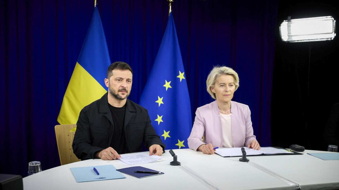 European Commission Ursula van der Leyen and Ukraineian President Volodymyr Zelensky attend a video conference with EU leaders in Brussels