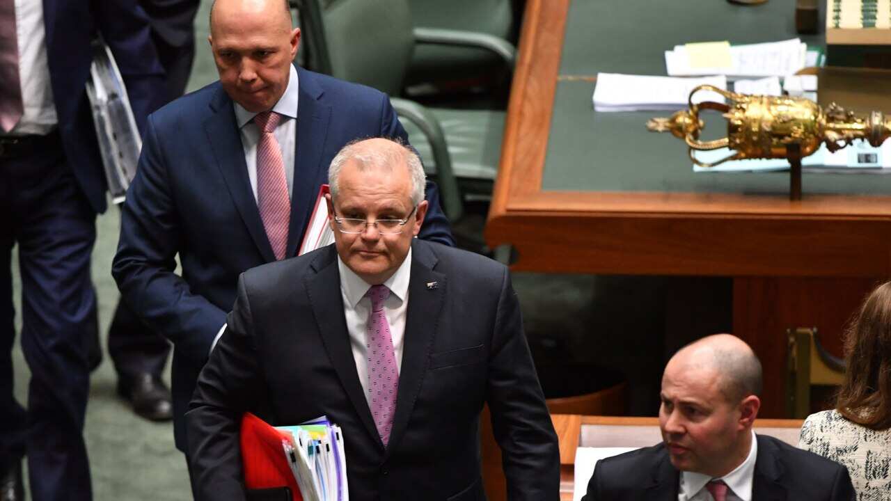 Minister for Home Affairs Peter Dutton, Prime Minister Scott Morrison and Treasurer Josh Frydenberg.