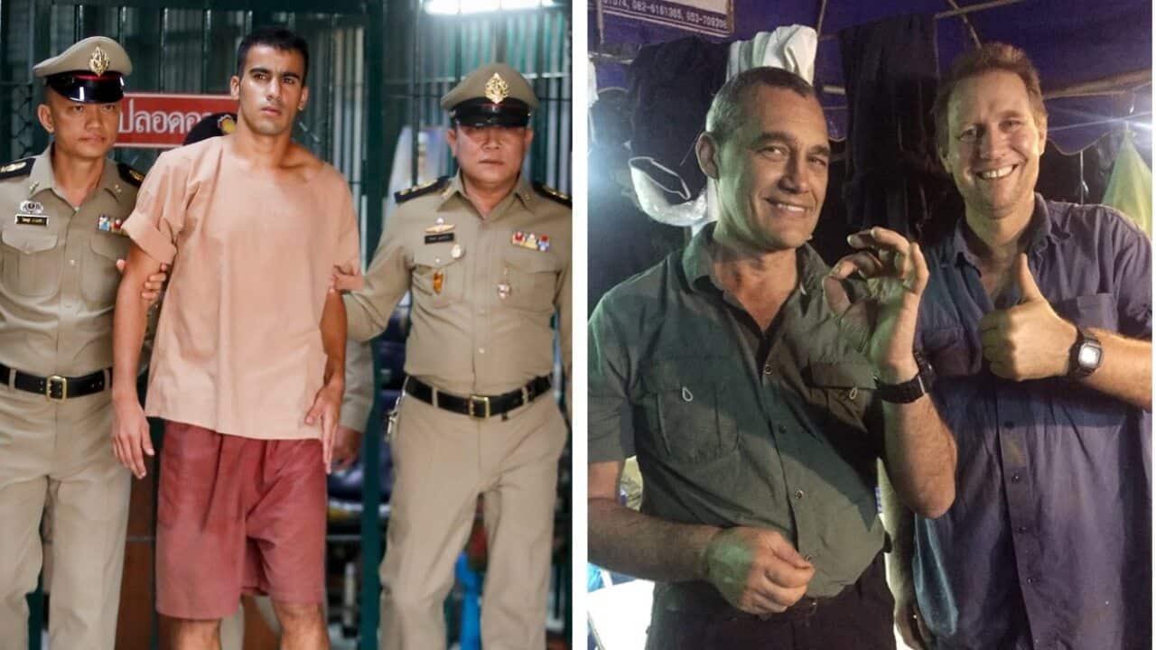 Hakeem Al-Araibi (left) Craig Challen and Dr Richard Harris (right)
