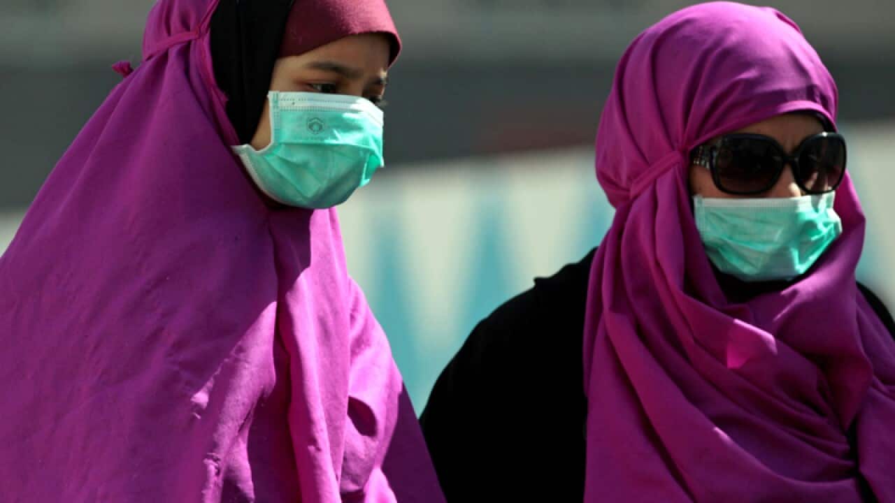 Muslim pilgrims wear surgical masks in Mecca, Saudi Arabia