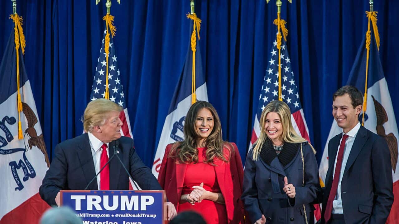 Republican presidential candidate Donald Trump (L) is joined on stage by his wife Melania Trump, daughter Ivanka Trump, and son-in-law Jared Kushner (L-R)