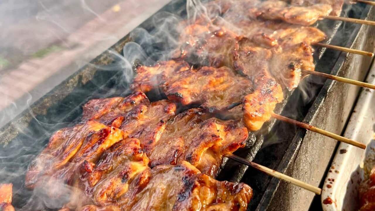 Darwin-style chicken satay made by Sari Rasa at Mindil Beach Sunset Market