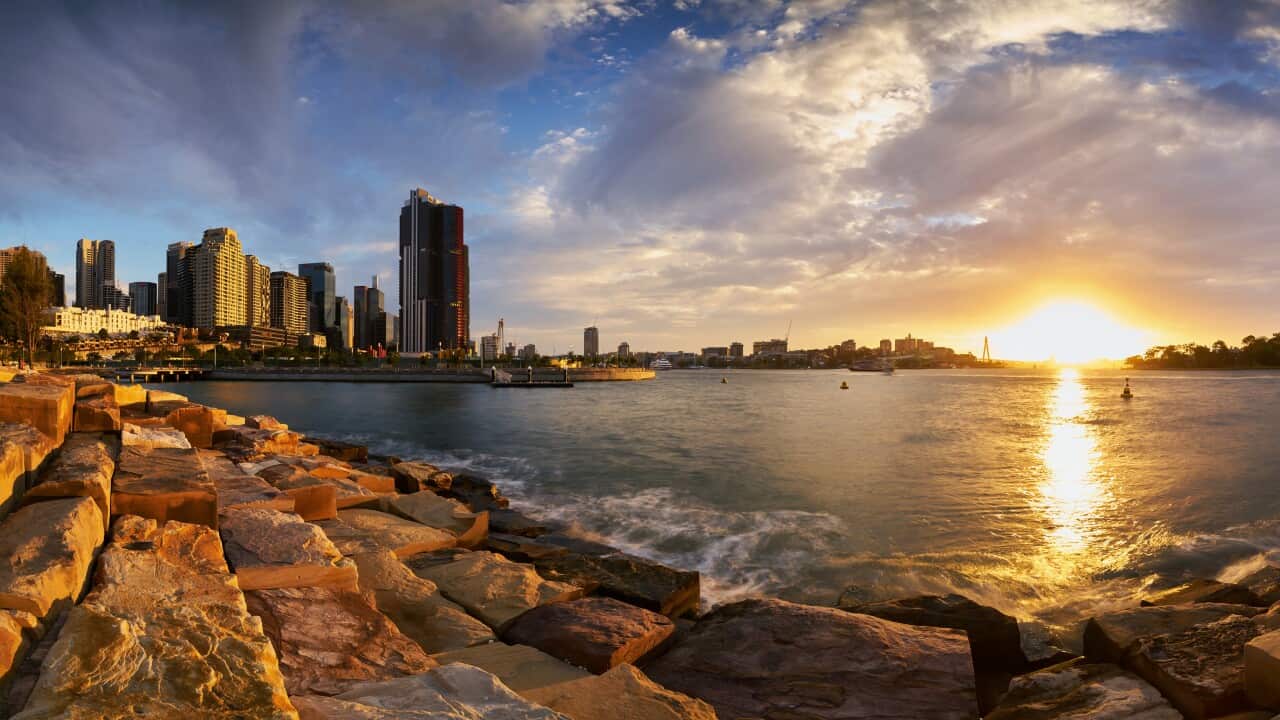 A panoramic scenery of sunset from Barangaroo Reserve, Sydney