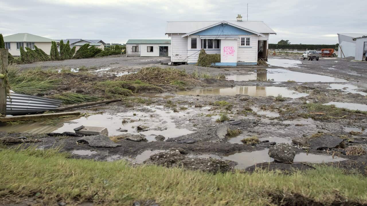 A house surrounded by floodwater in Hawke's Bay, New Zealand