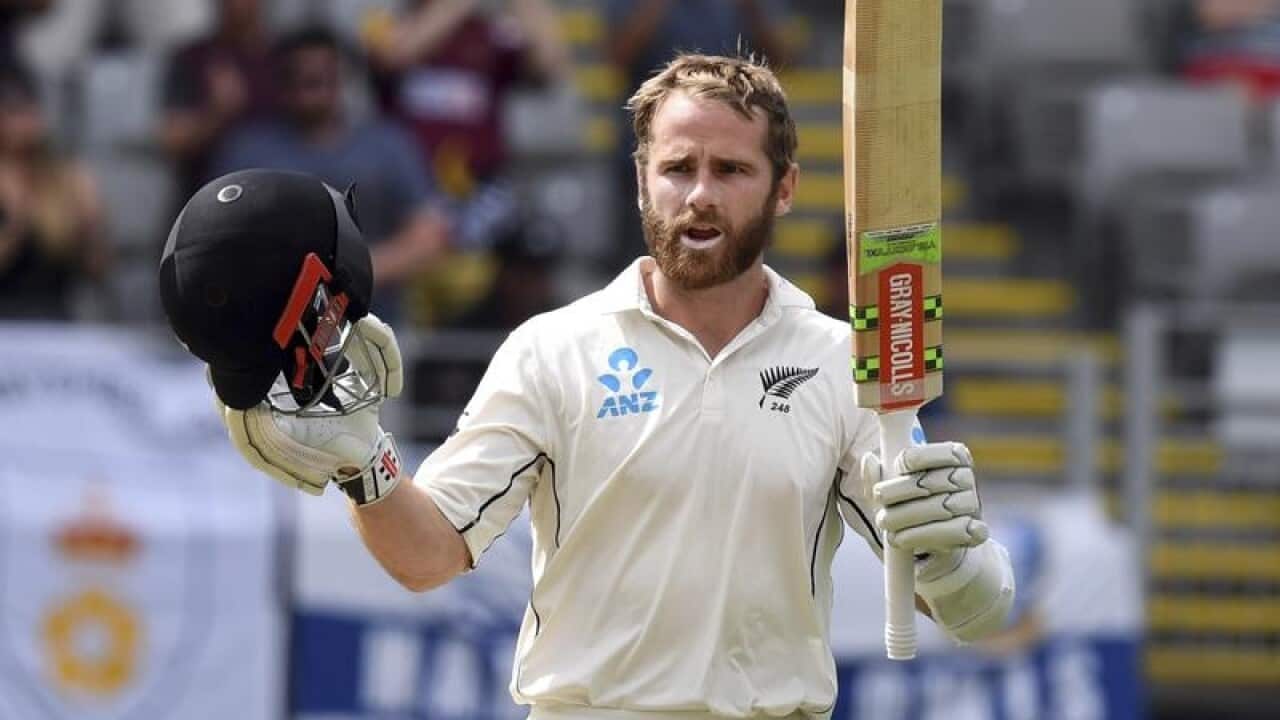 New Zealand's Kane Williamson signals his century.