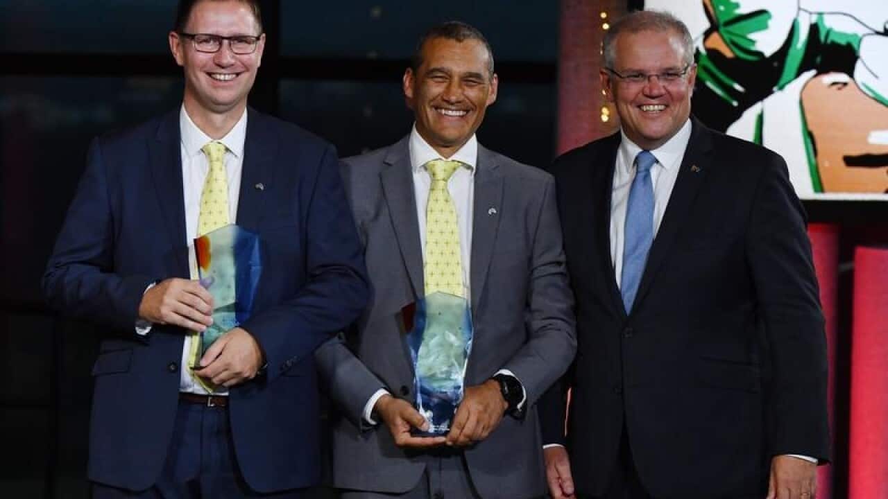Dr Richard Harris and Craig Challen pictured with Scott Morrison.