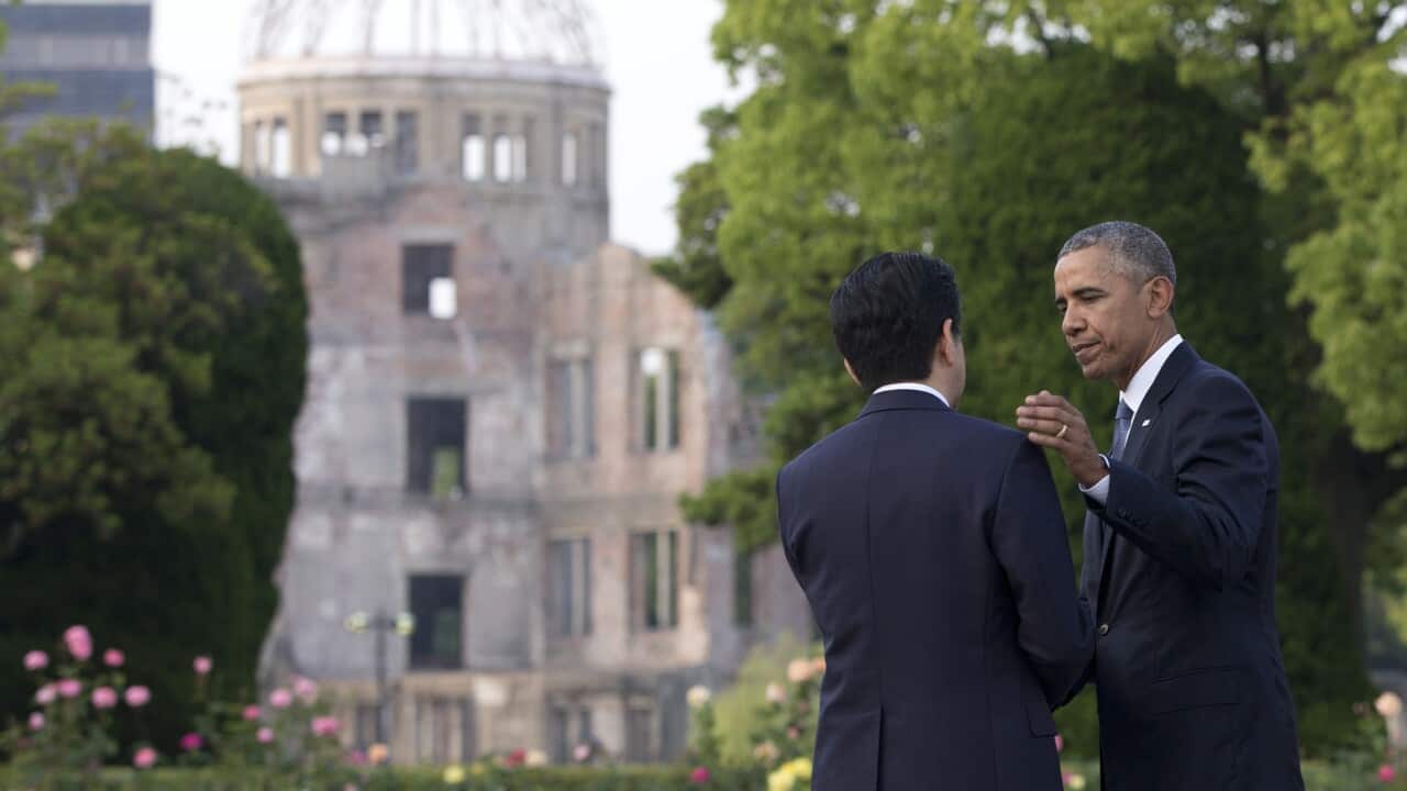After the ceremony U.S. President Barack Obama and Japanese Prime Minister Shinzo Abe at Hiroshima Peace Memorial Park in Hiroshima. (AP)
