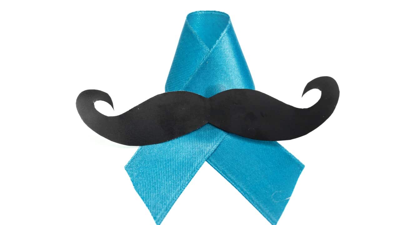 Prostate cancer awareness ribbon with moustache.