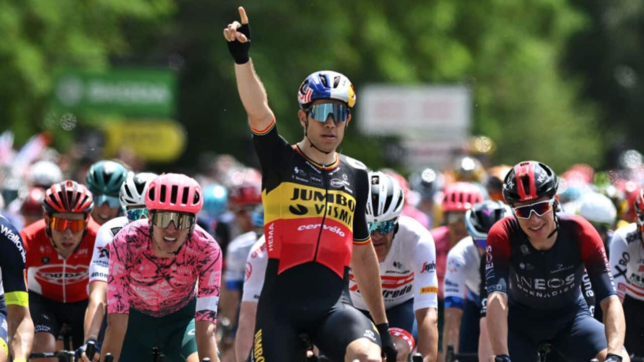 Wout van Aert (Team Jumbo-Visma) celebrates as he crosses the finish line