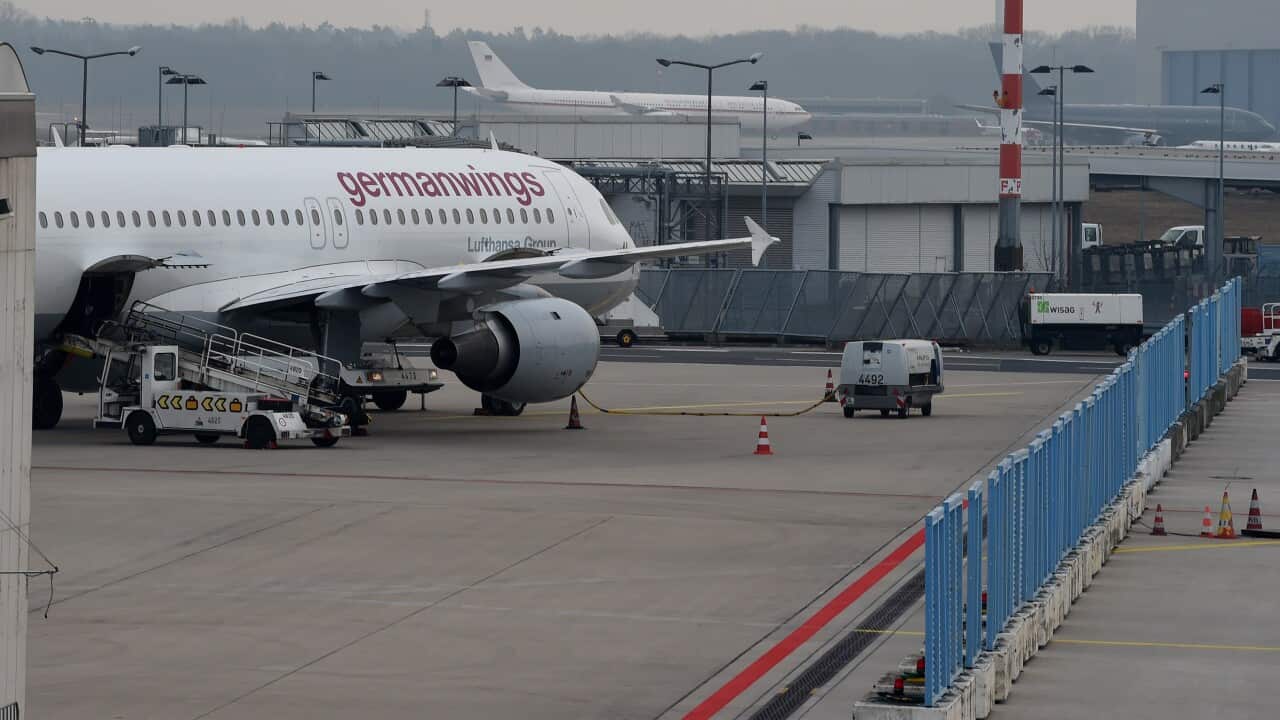 Two planes of German airline German Wings at Cologne/Bonn airport.