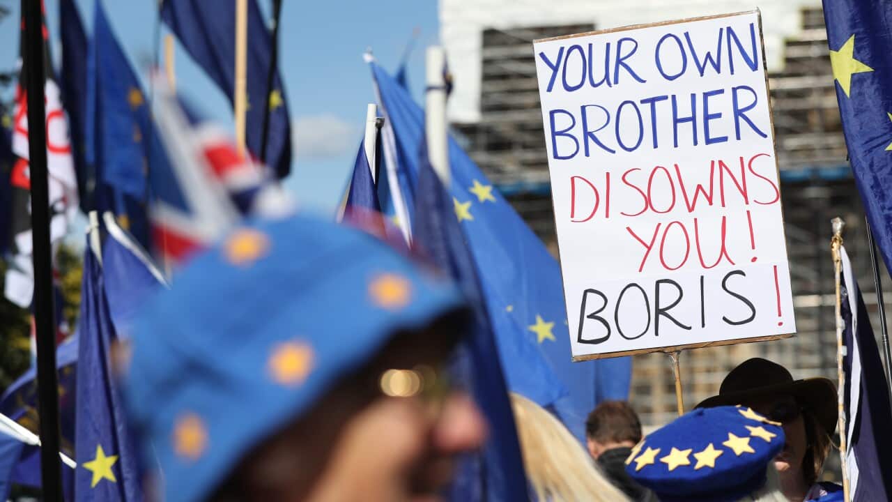 Brexit protesters opposite the Houses of Parliament in Westminster, London.. Picture date: Thursday September 5, 2019. Photo credit should read: Jonathan Brady/PA Wire
