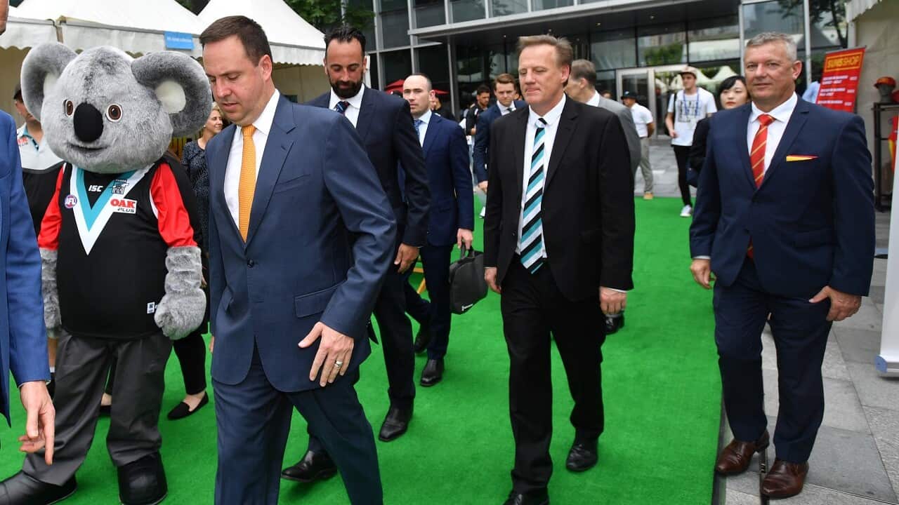 Goldcoast CEO Mark Evans, Australian Trade Minister Steven Ciobo MP and Port CEO Keith Thomas at an AFL Shanghai media conference.