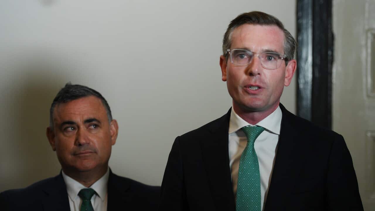 Then-NSW Treasurer Dominic Perrottet and then-Deputy Premier John Barilaro speak to the media at the Mercantile Hotel in The Rocks, Sydney, Wednesday, March 17, 2021.