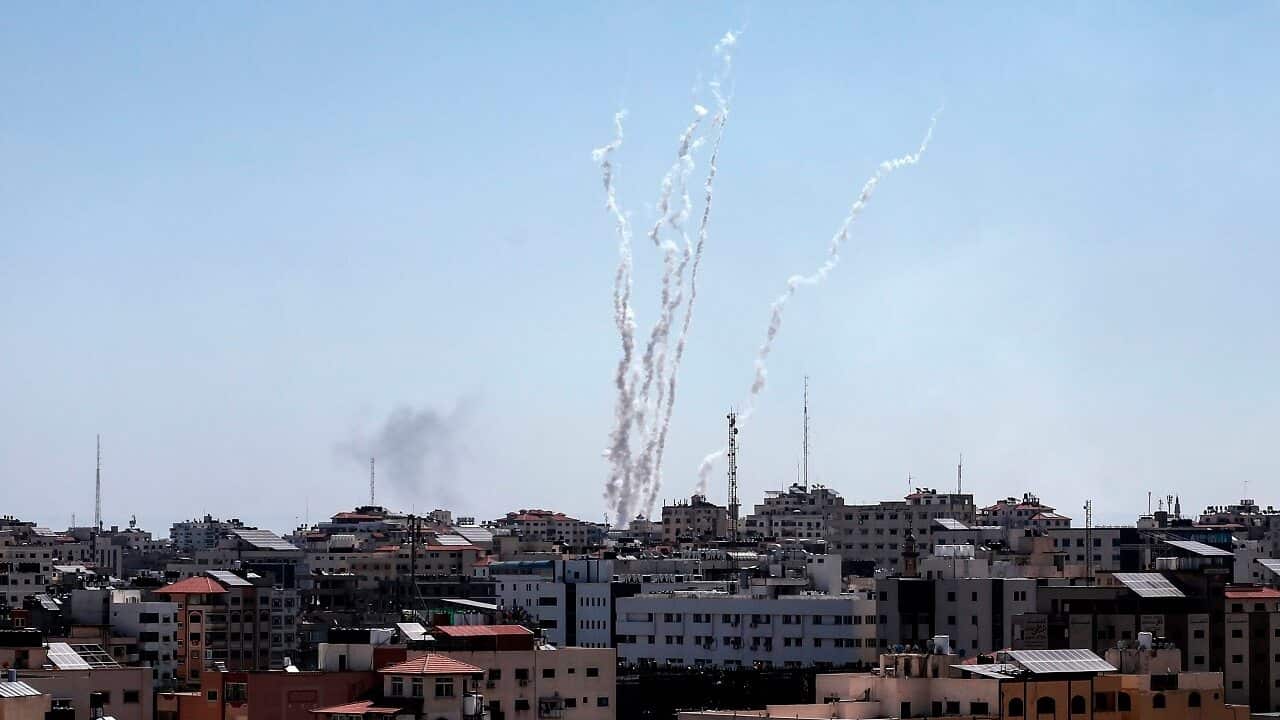 Missiles being launched toward Israel from Gaza.