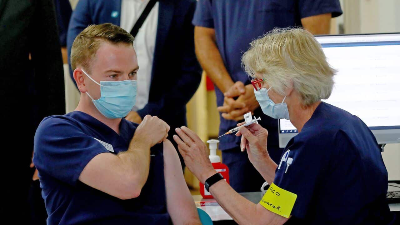 Nurse manager Bradley McEntee was the third person in NSW to receive the Pfizer vaccination at the Royal Prince Alfred Hospital on Monday, 22 February, 2021.