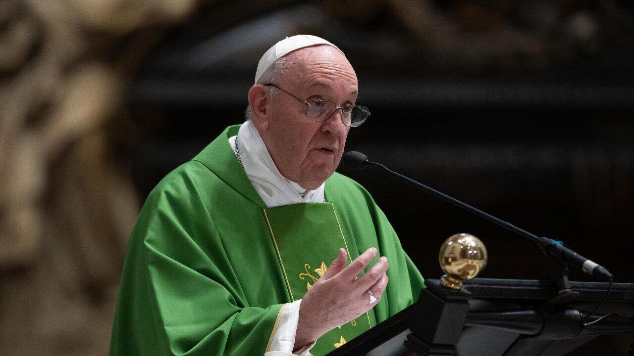 NO FRANCE - NO SWITZERLAND: September 26,2020 : Pope Francis presided at the Eucharistic Celebration for the Body of the Vatican Gendarmerie, on the Feast of St. Michael the Archangel at the altar of the Vatican Basilica..