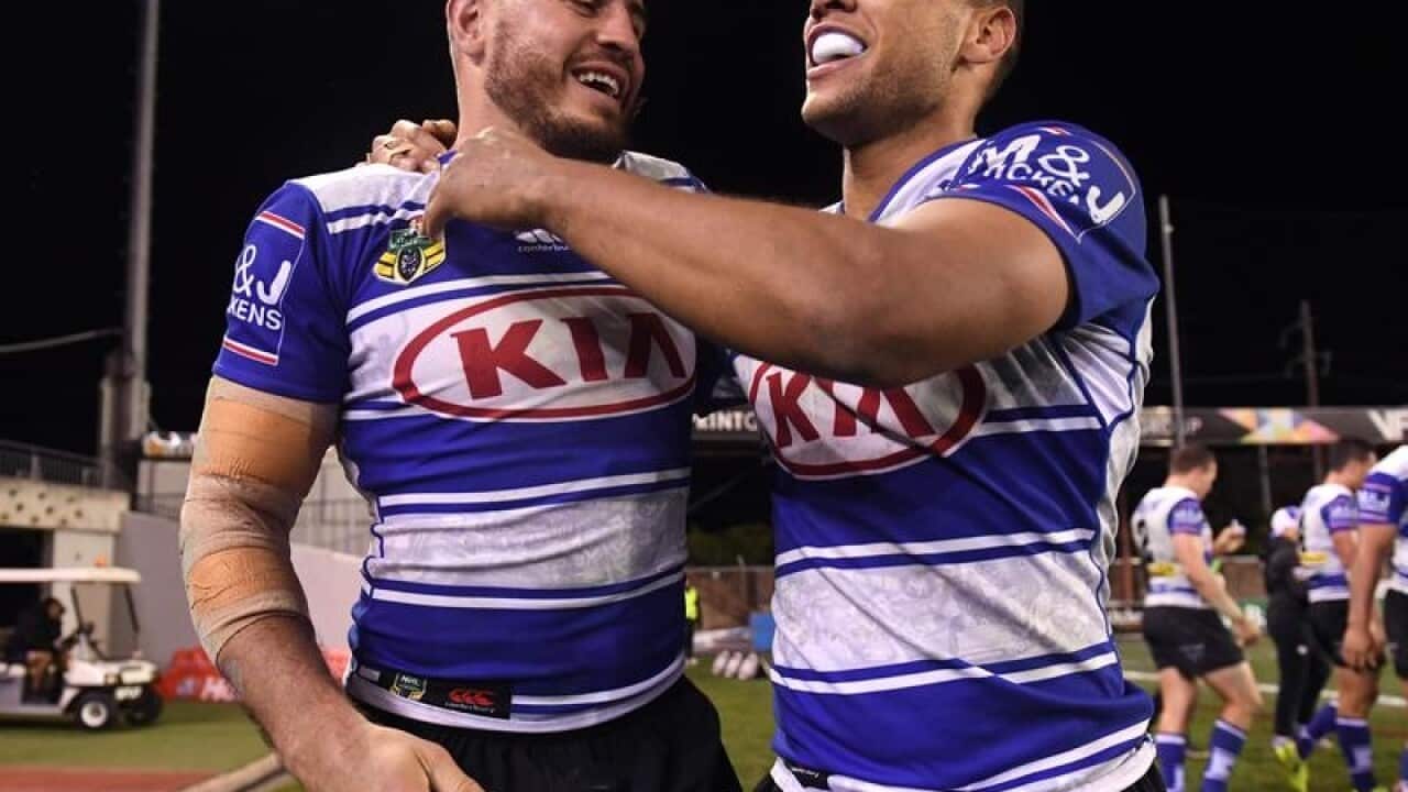 Canterbury's Josh Reynolds (l) and Moses Mbye