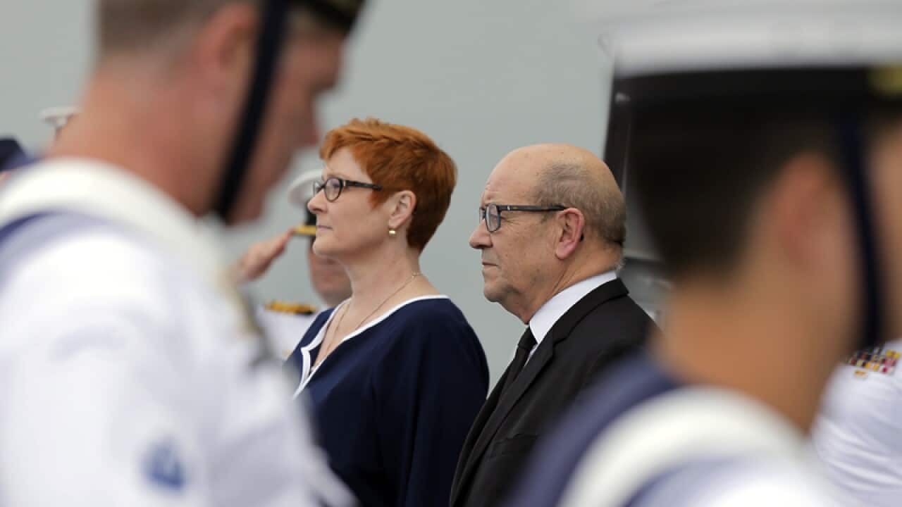French Defence Minister Jean-Yves Le Drian (R) and Marise Payne