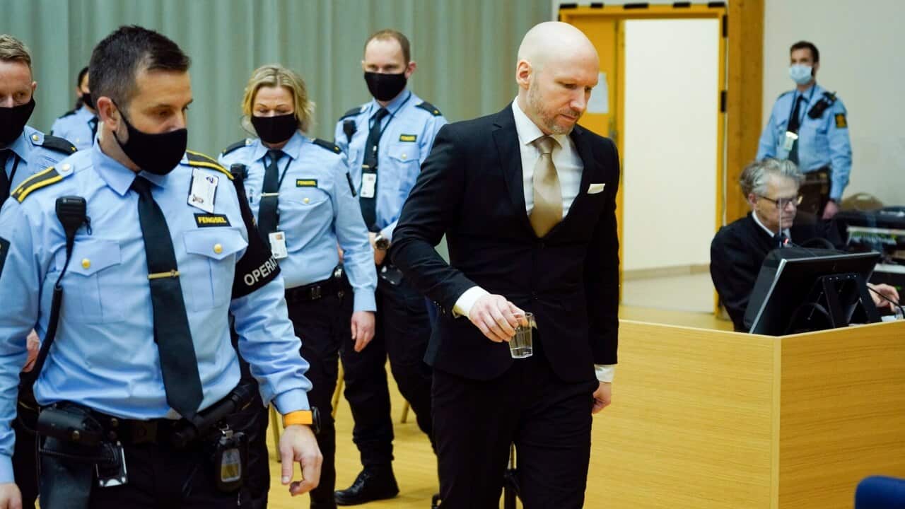 Norwegian mass killer Anders Behring Breivik enters his parole hearing