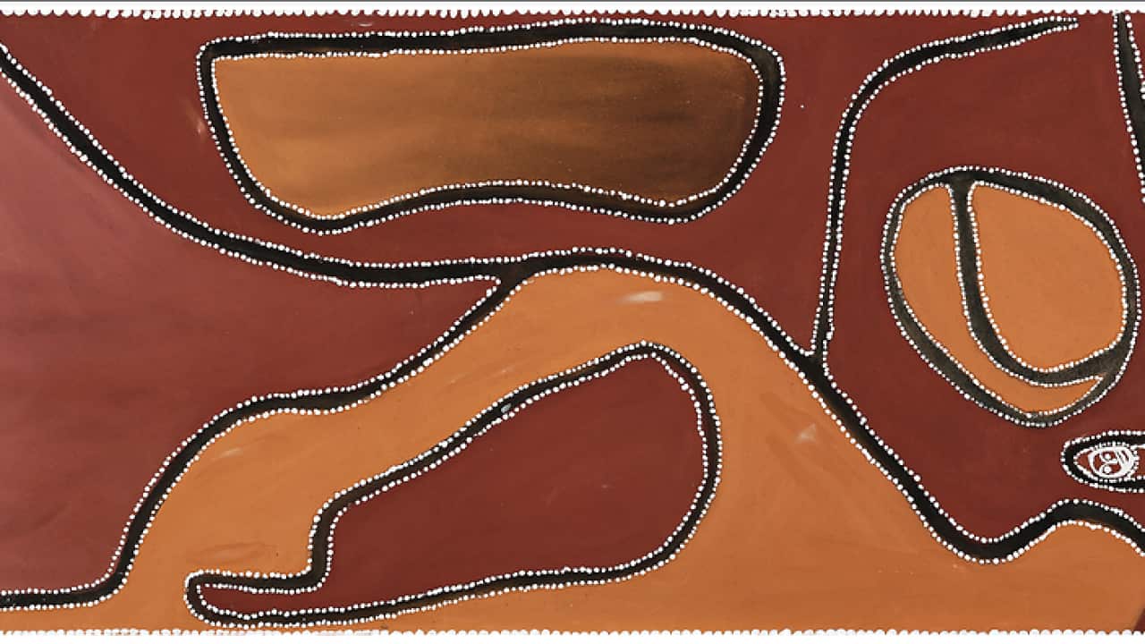 Rover Thomas 1985 painting titled 'Ruby Plains Massacre 1' 