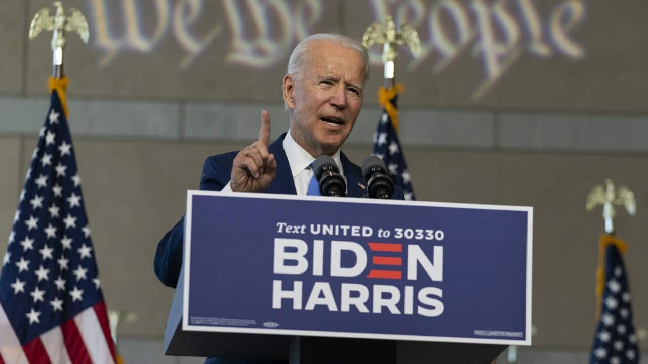 Democratic presidential candidate and former Vice President Joe Biden speaks at the Constitution Center in Philadelphia, Sunday, Sept. 20, 2020, about the Supreme Court. (AP Photo/Carolyn Kaster)