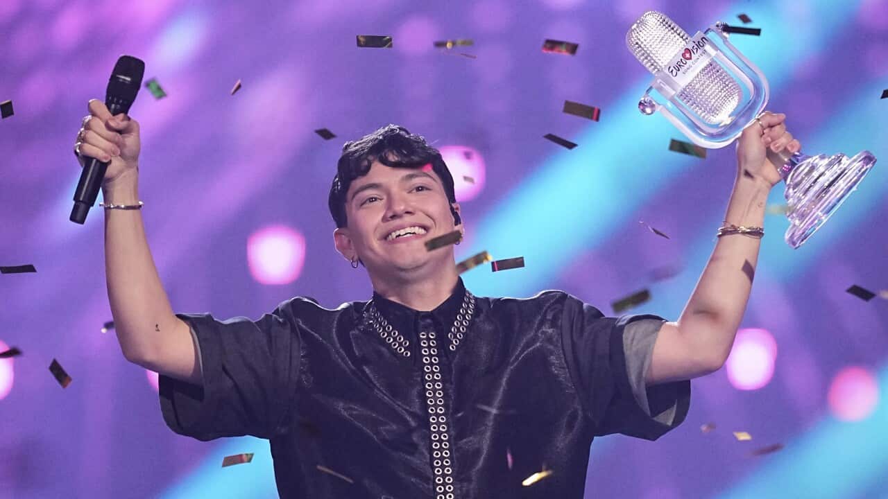 Winner of the Eurovision Song Contest JJ from Austria holds up the trophy, he won with the song "Wasted Love" during the Grand Final of the 69th Eurovision Song Contest, in Basel, Switzerland