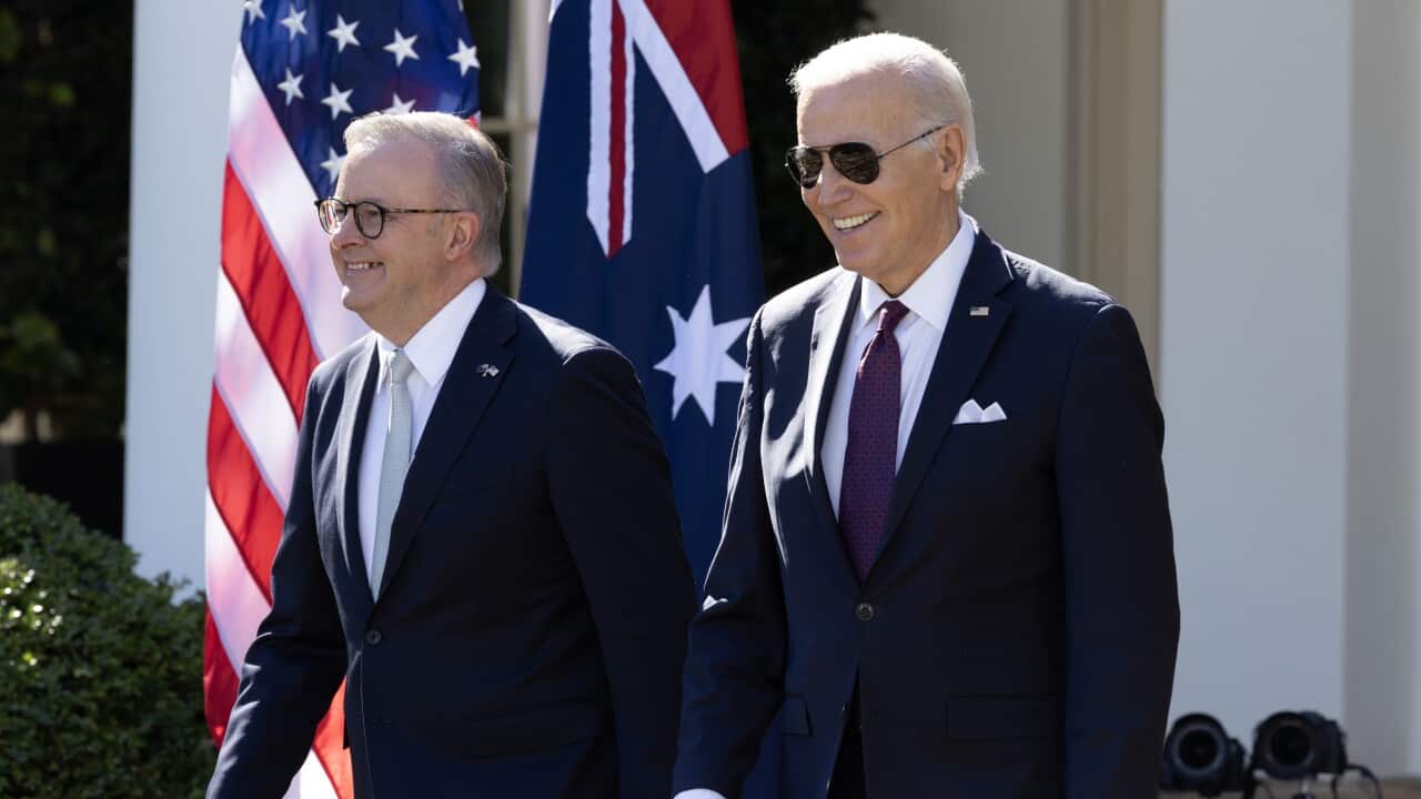 US President Joe Biden and Prime Minister of Australia Anthony Albanese enter the Rose Garden of the White House to hold a joint news conference