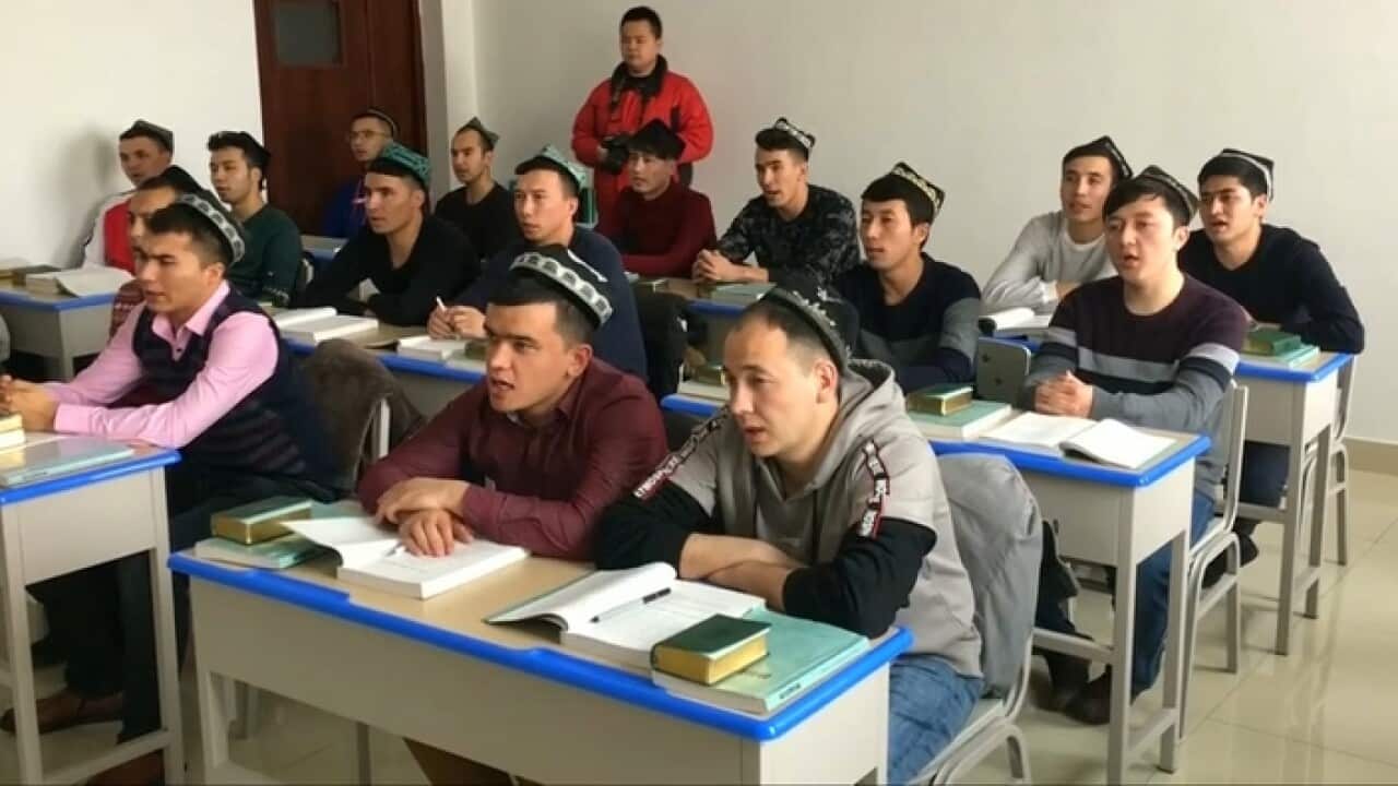 Trainee clerics inside a classroom at the Kashgar Vocational Education Training centre in Xinjiang, China.