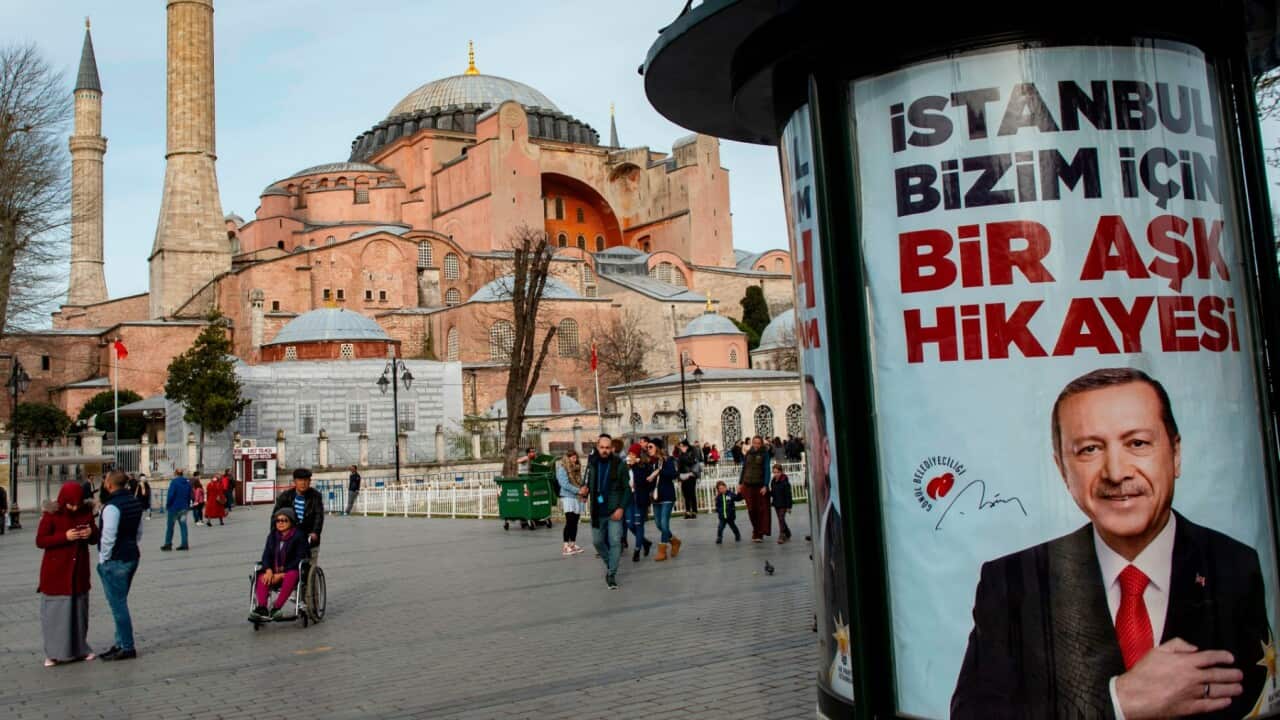 Erdogan poster in front of Hagia Sophia
