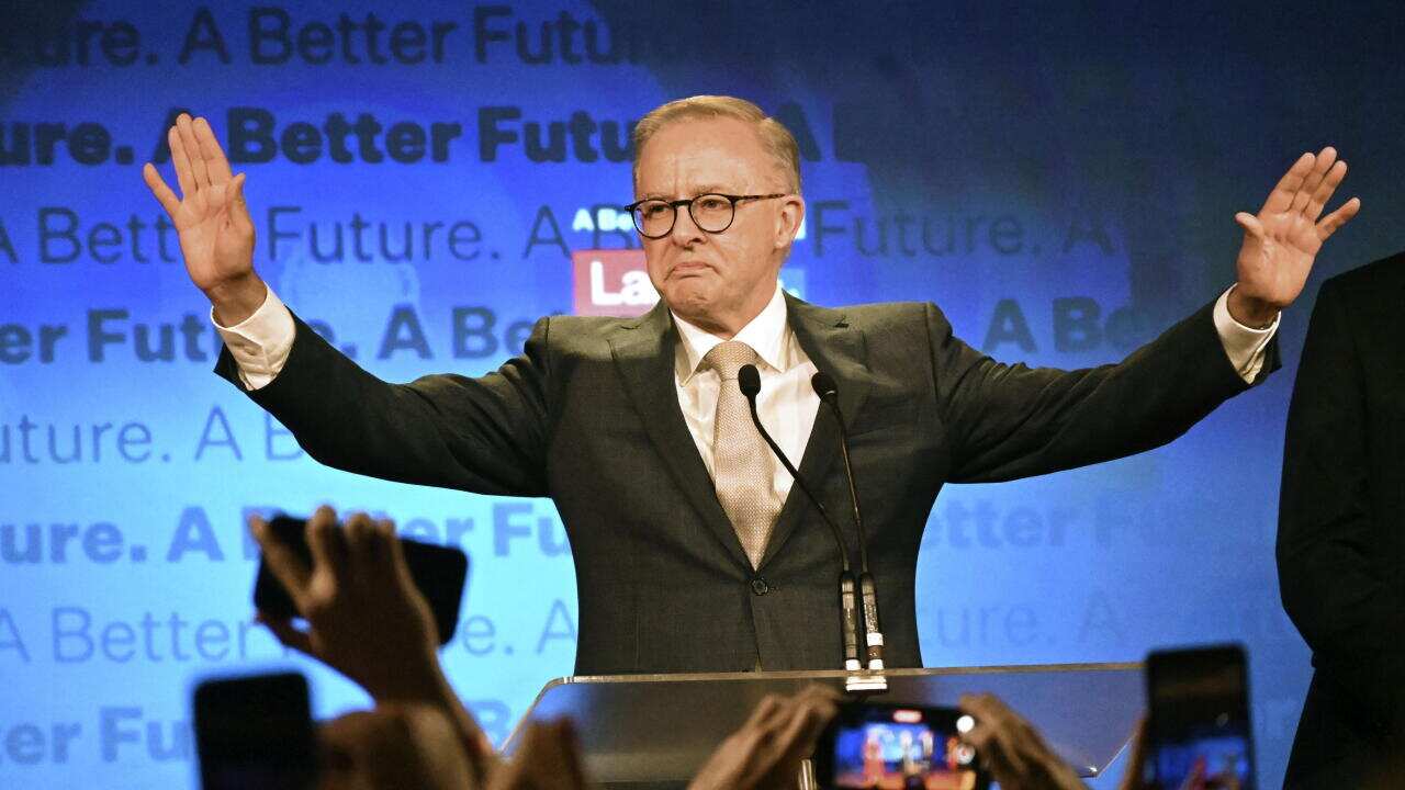Labor Party leader Anthony Albanese declares victory in Australia's federal election on May 21, 2022. Albanese will replace Scott Morrison to become the country's prime minister. (Kyodo via AP Images) ==Kyodo