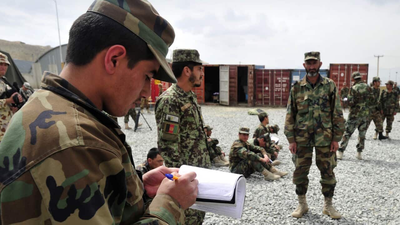 File: Afghan National Army Artillery students undertaking artillery classes in Kabul.