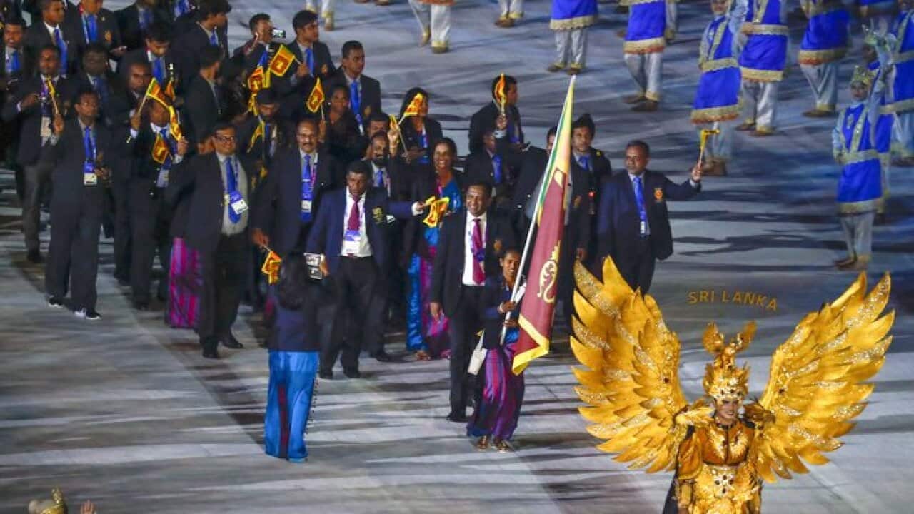 Athletes of Sri Lanka during the opening ceremony of The 2018 Asian Games in Jakarta, Indonesia, 18 August 2018. The Asian Games will take place from 18 August until 02 September 2018 in Jakarta and Palembang.
