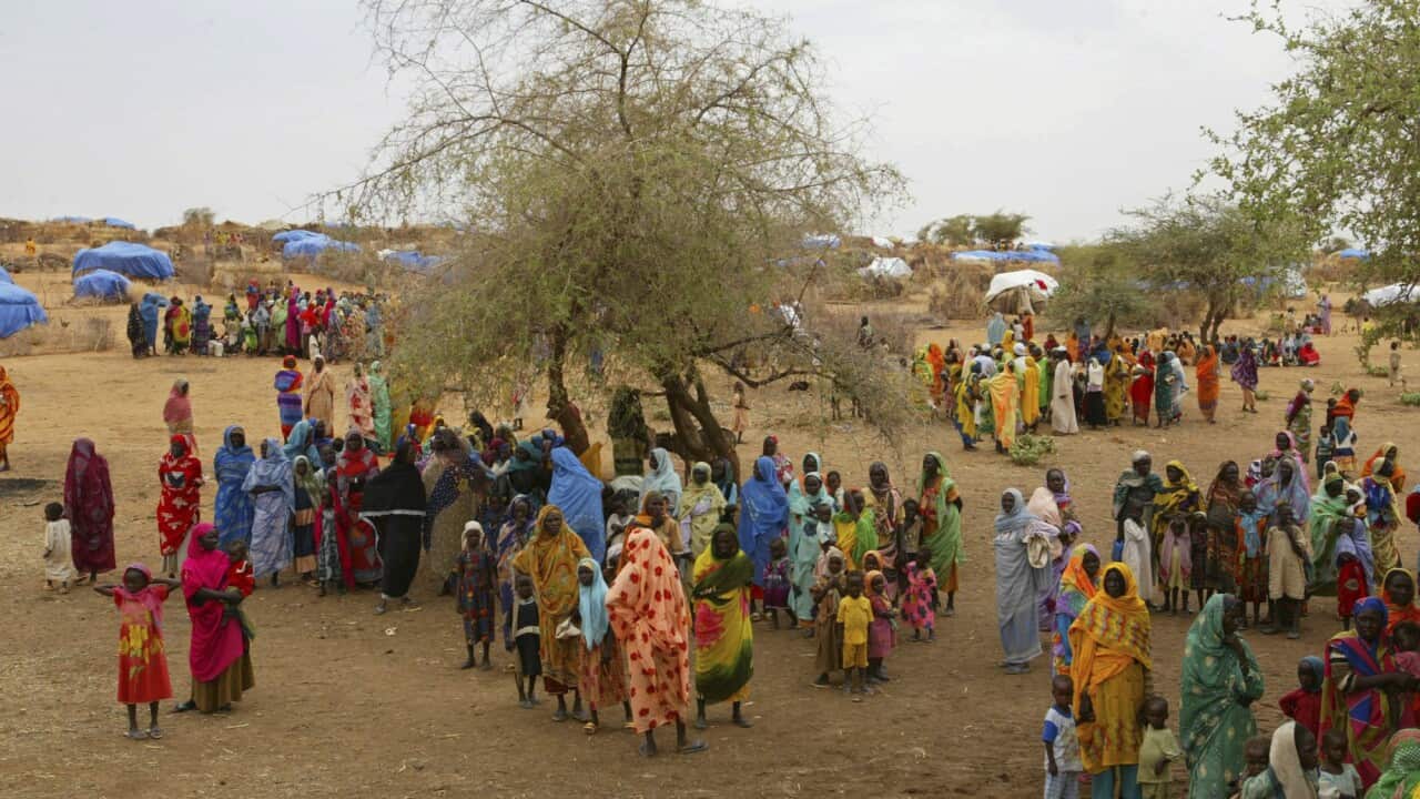 People in brightly coloured clothing gather near a tree on a dirt plain.