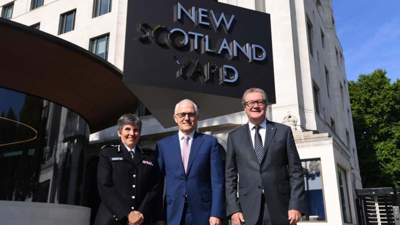 British Metropolitan Police Commissioner Cressida Dick, Australian Prime Minister Malcolm Turnbull and Australian High Commissioner to the United Kingdom Alexander Downer